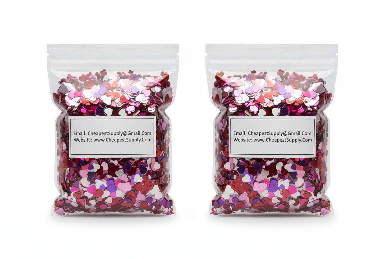 Heart shaped confetti 1 pound package showing multi-color hearts in clear bag with company label