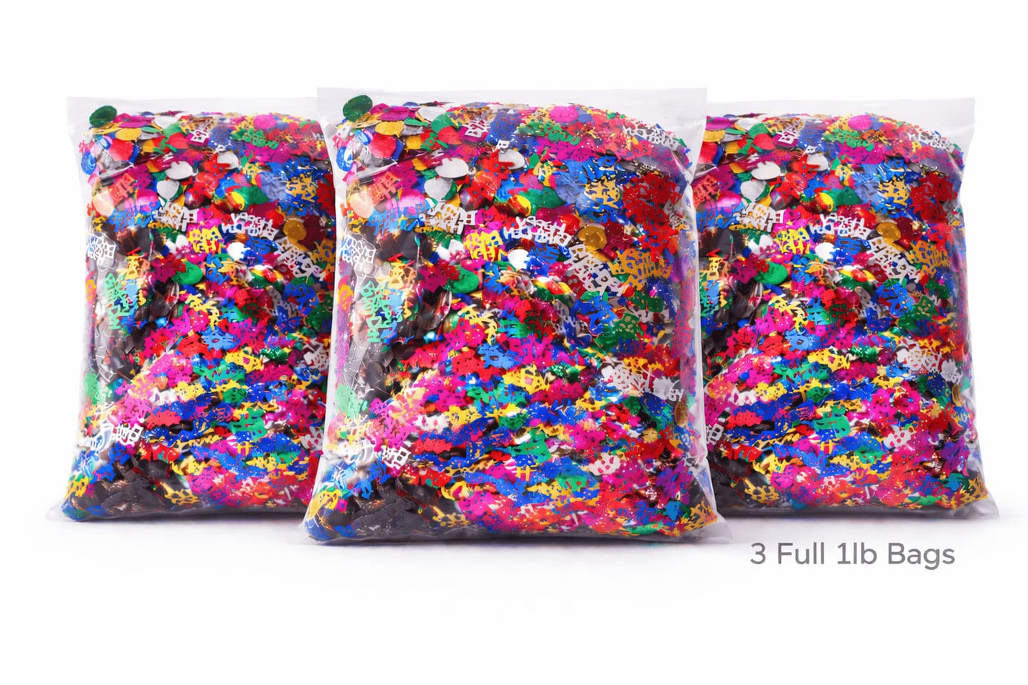 Three 1lb bags of colorful happy birthday confetti for restaurants and party table decorations