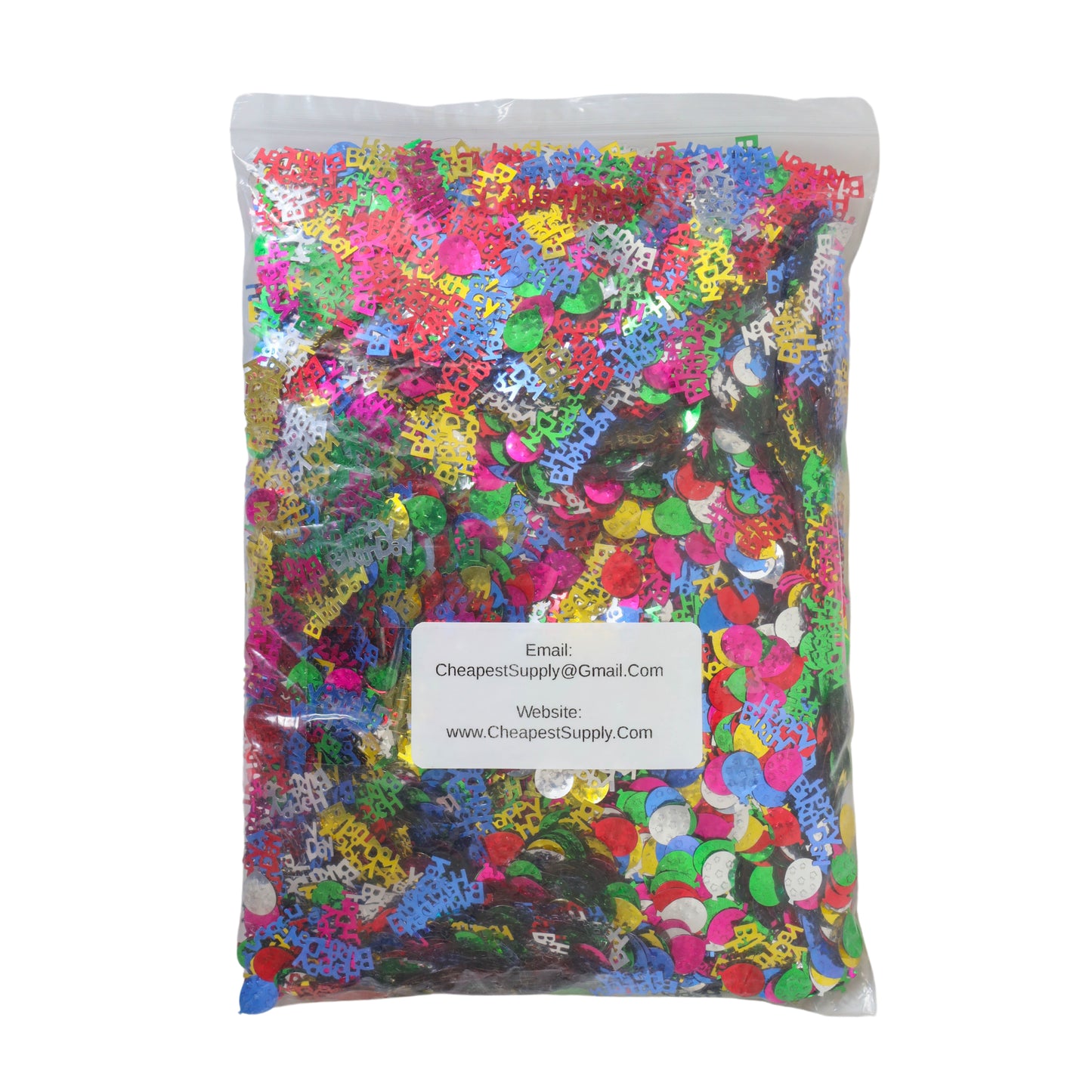 One-pound bulk bag of assorted metallic Happy Birthday confetti and balloon shapes in mixed colors.