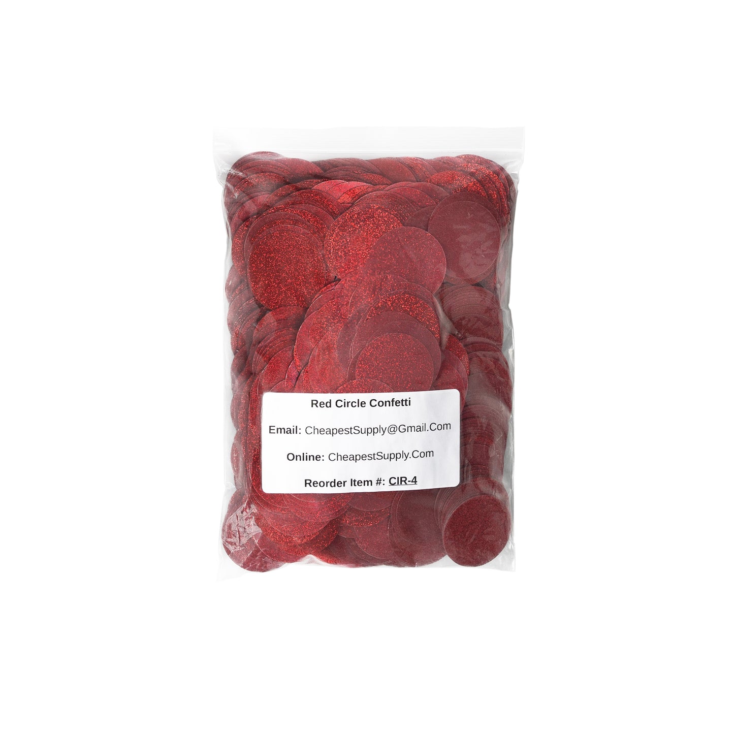 Luxe red circle confetti packaged in a clear bag