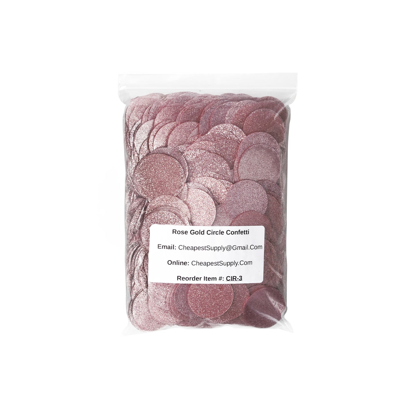 Bag of luxe rose gold glitter circle confetti with product label