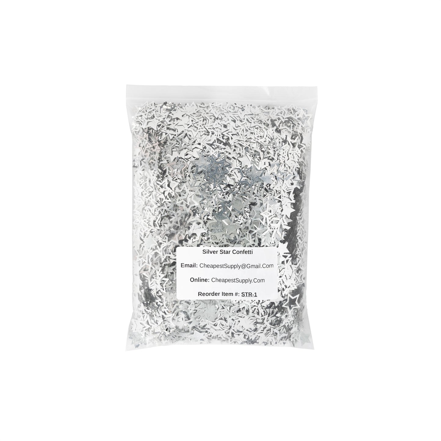 Bag of metallic silver star confetti in bulk packaging on a white background