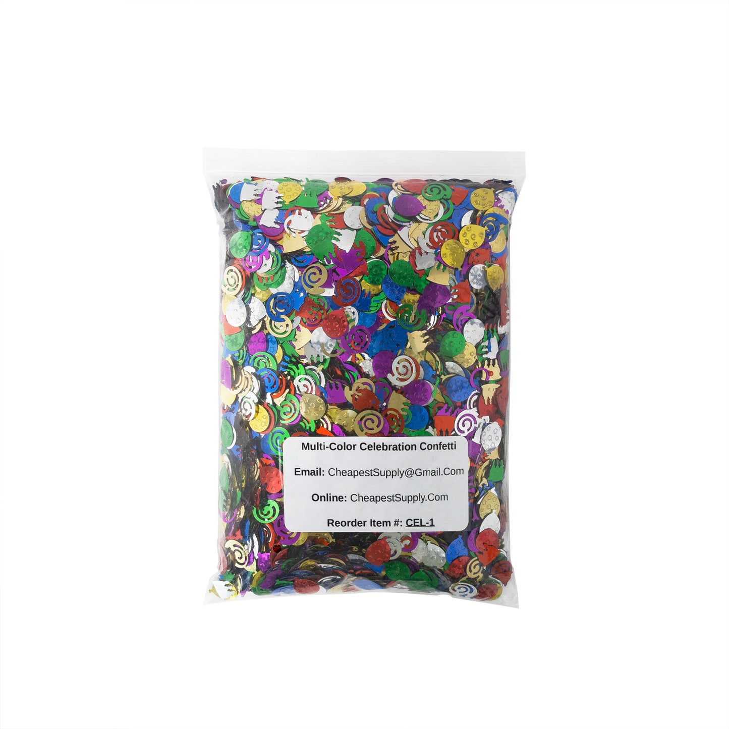 Bag of multicolor metallic celebration confetti with swirls, circles, and mixed shapes on a white background