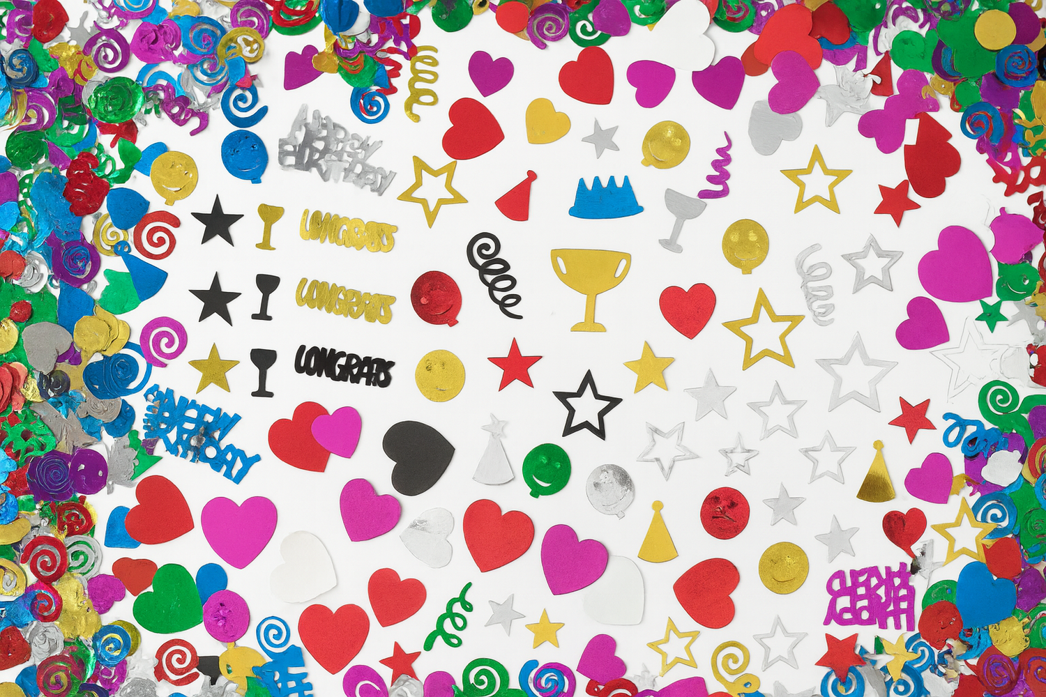 Metallic confetti mix of hearts, stars, and shapes for party and restaurant table decoration.