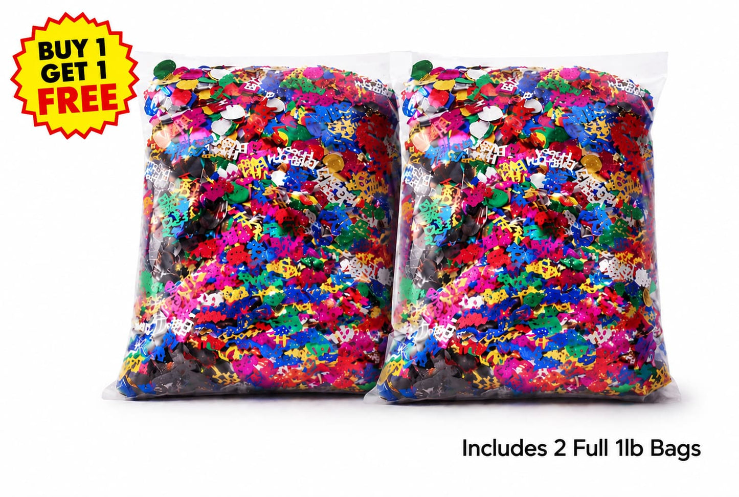 Two full-size bags of colorful Happy Birthday confetti with Buy 1 Get 1 Free promotion