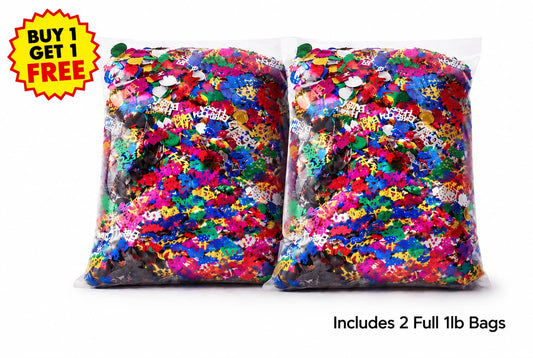 Two full-size bags of colorful Happy Birthday confetti with Buy 1 Get 1 Free promotion