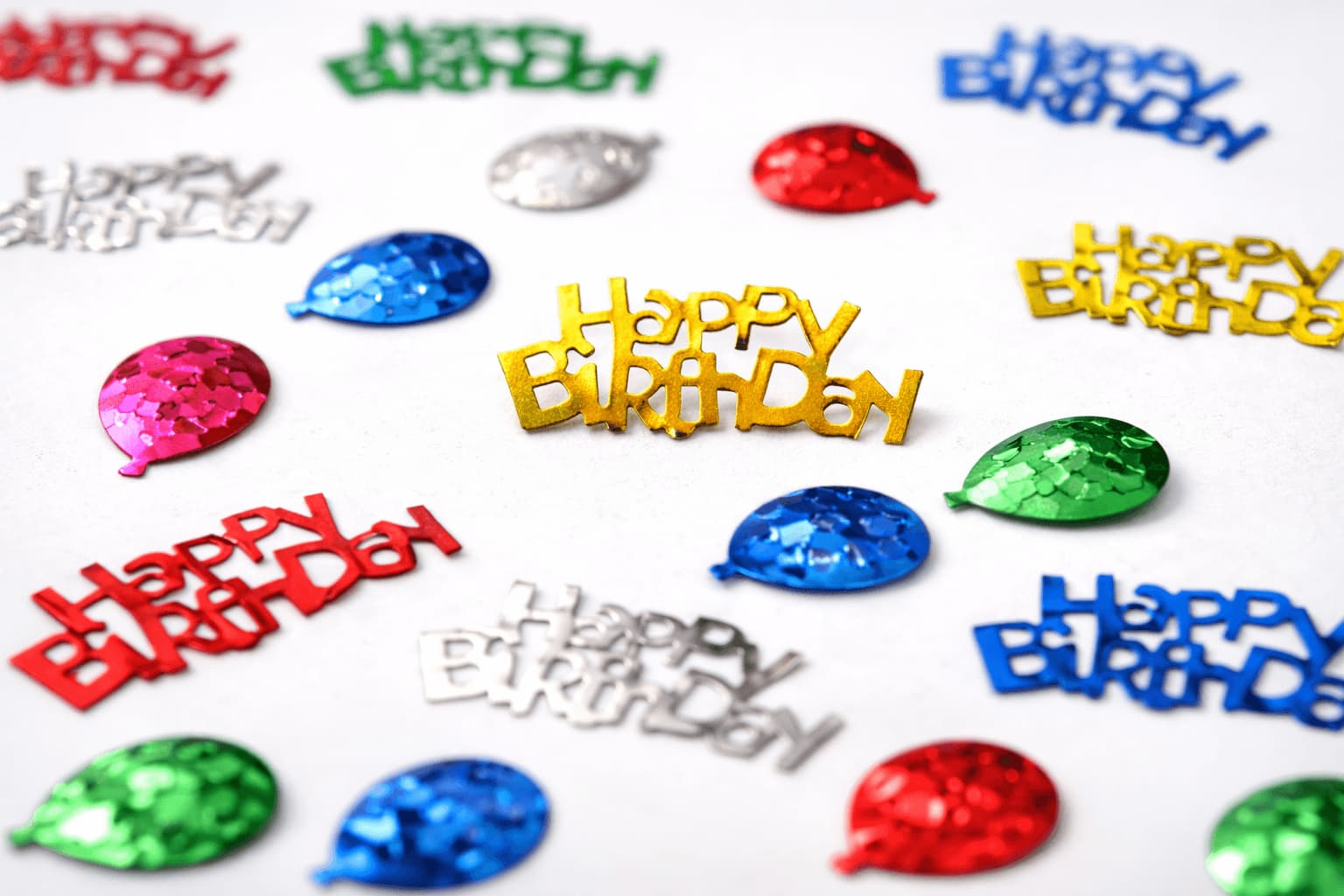Close-up of metallic happy birthday confetti showing vibrant colors and high quality detail