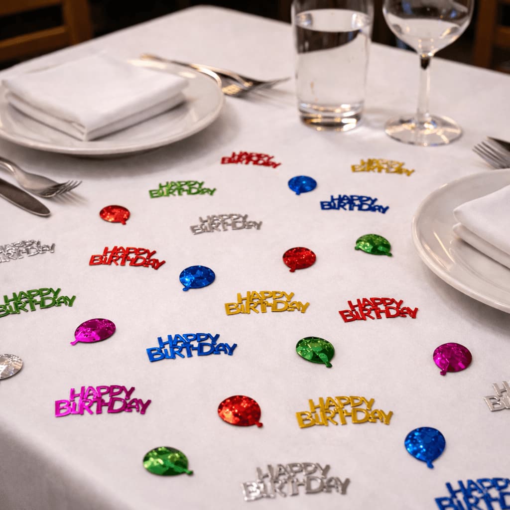 Birthday confetti on restaurant table setup