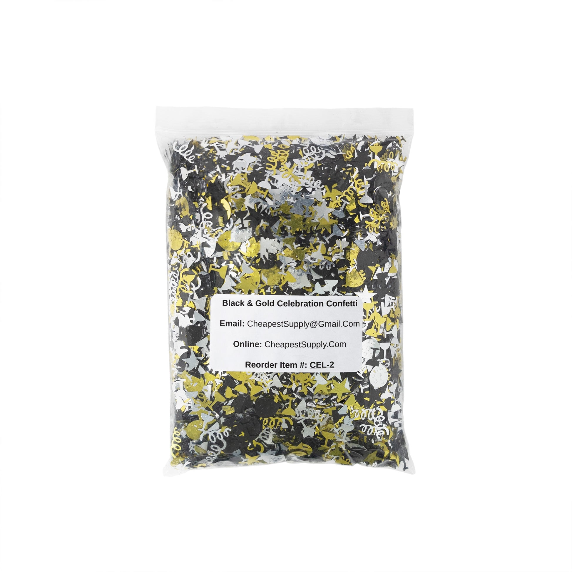 Packaged metallic black, gold, and silver party confetti mix in a clear bag on a white background