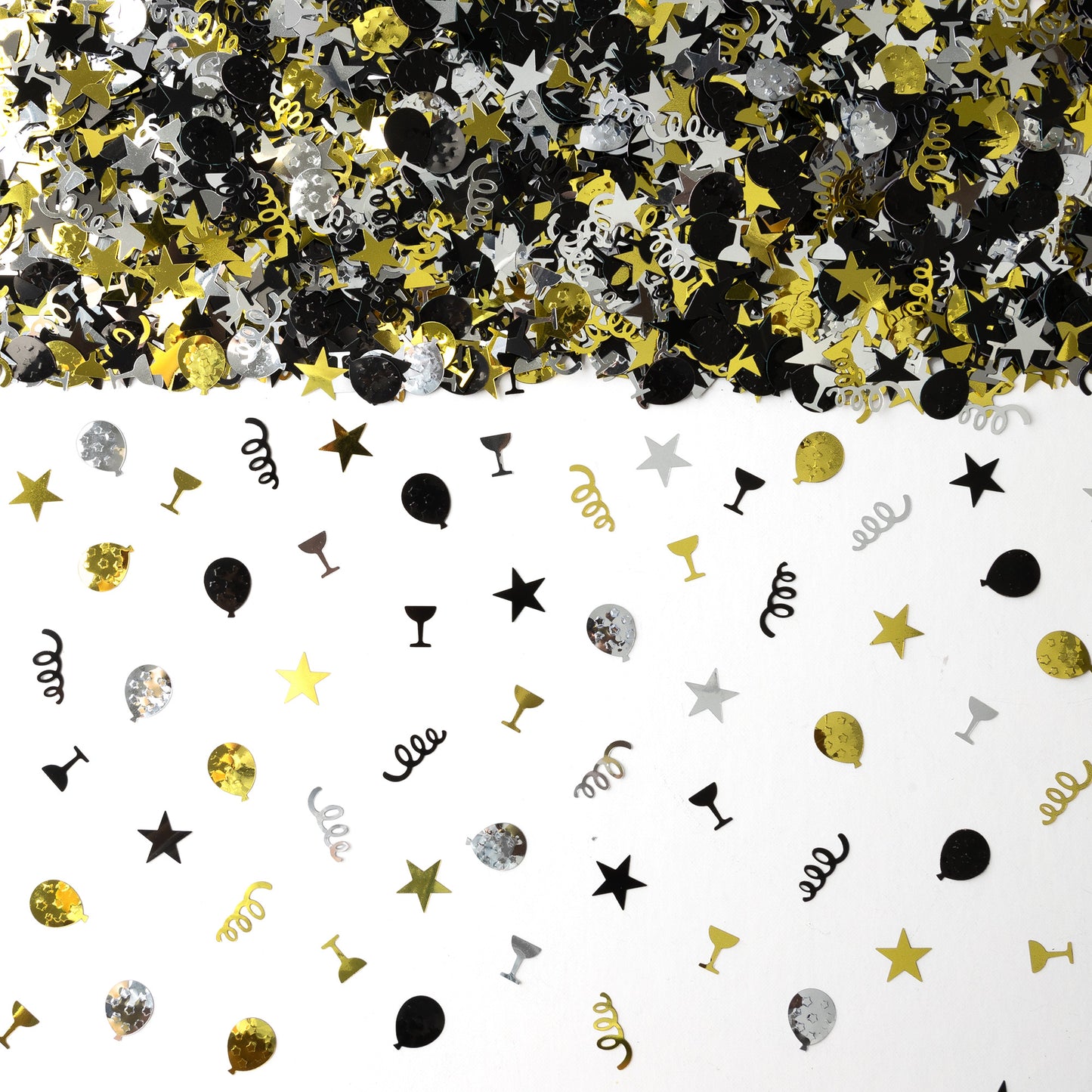 Metallic black, gold, and silver party confetti with stars, balloons, spirals, and mixed celebration shapes scattered on a white background