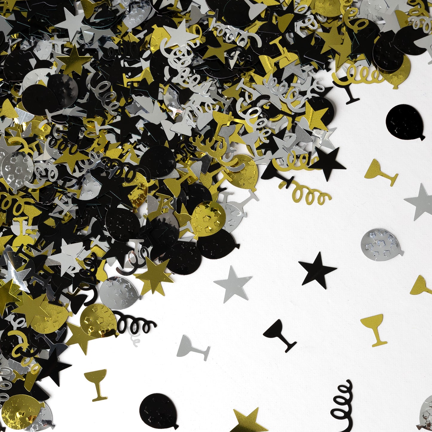 Metallic black, gold, and silver party confetti with stars, balloons, spirals, and mixed celebration shapes scattered on a white background