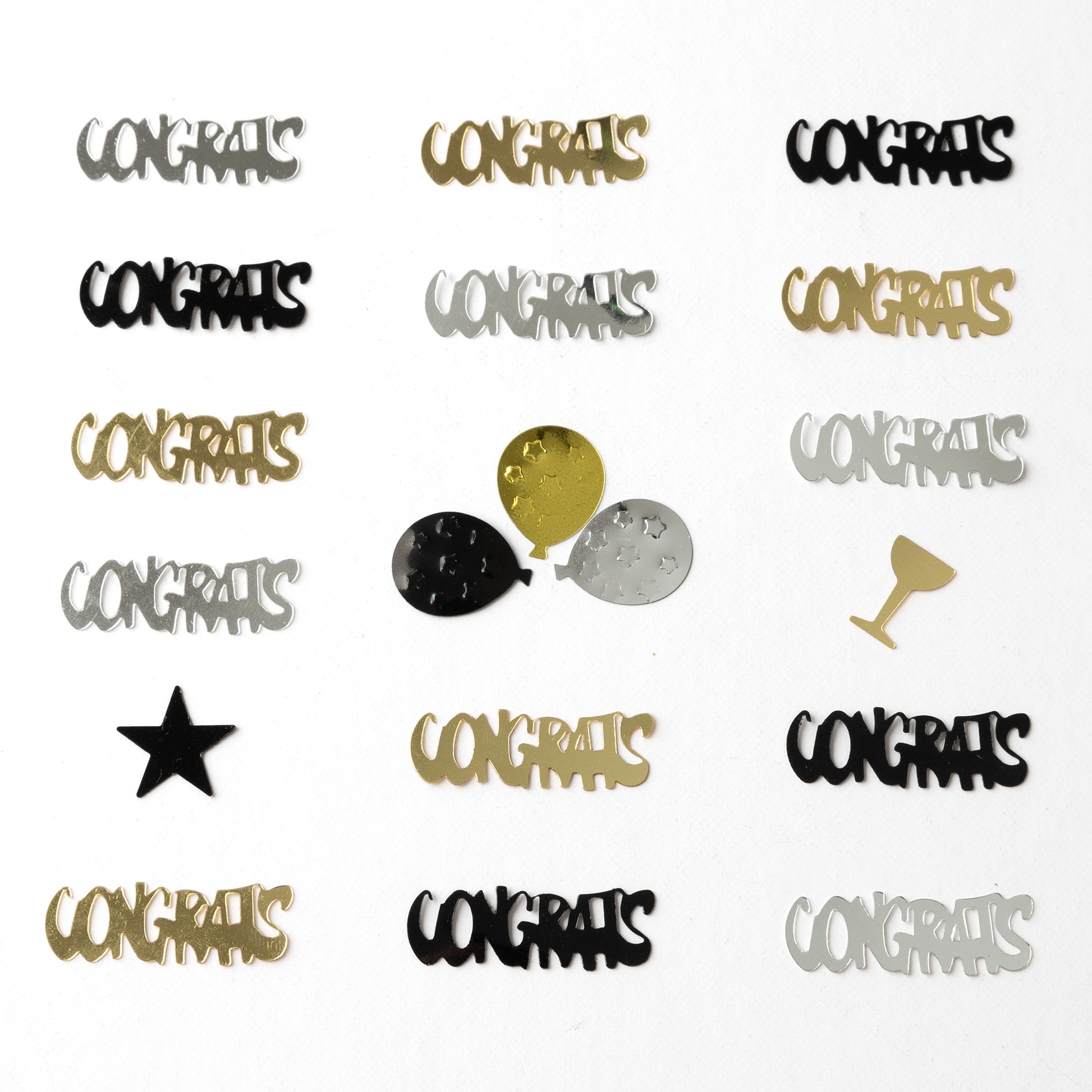 Metallic Congrats text confetti with balloons and star shapes in gold, silver, and black arranged on a white background.