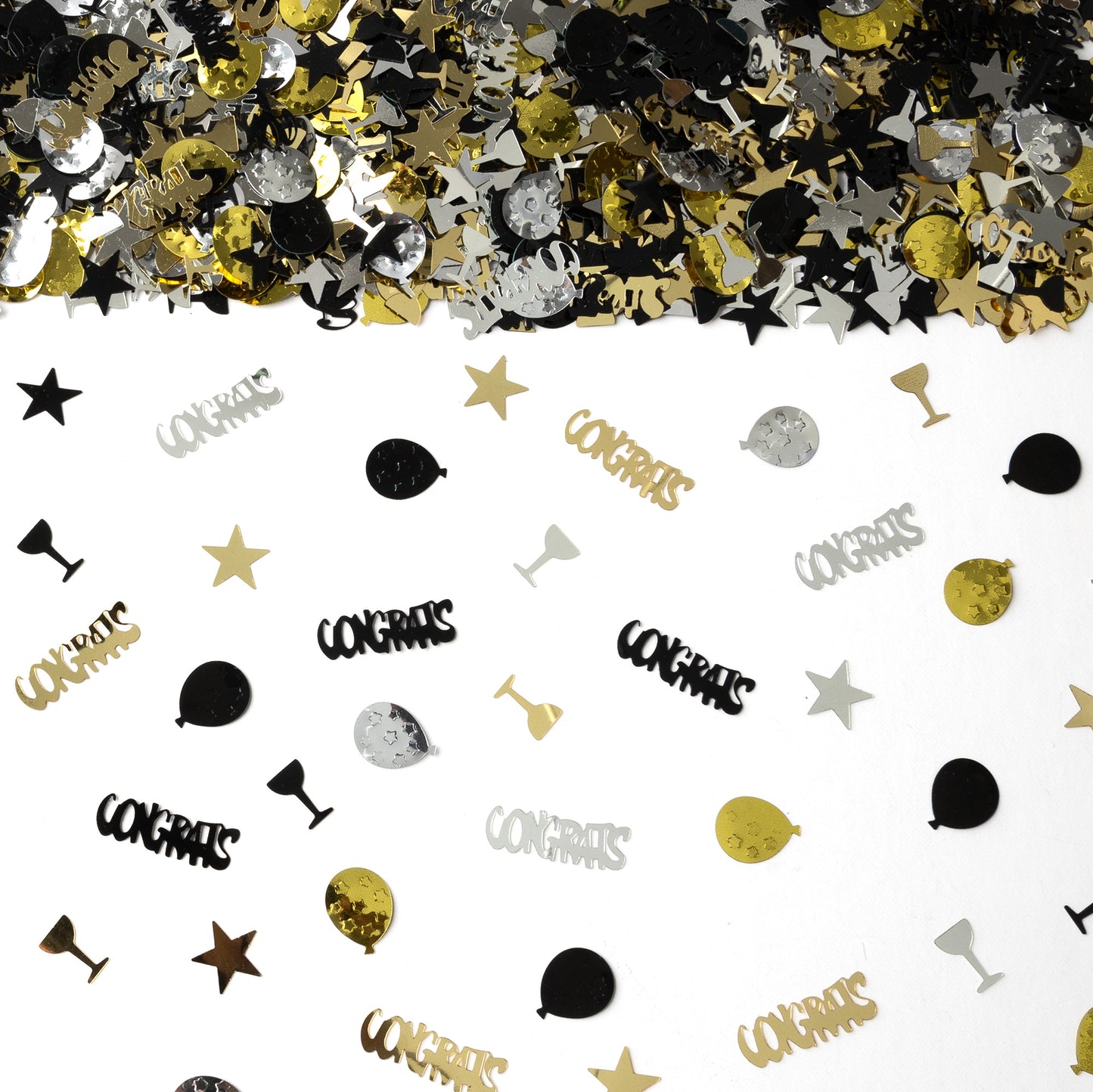 Metallic Congrats confetti with stars, balloons, and champagne glass shapes in gold, silver, and black scattered on a white background.