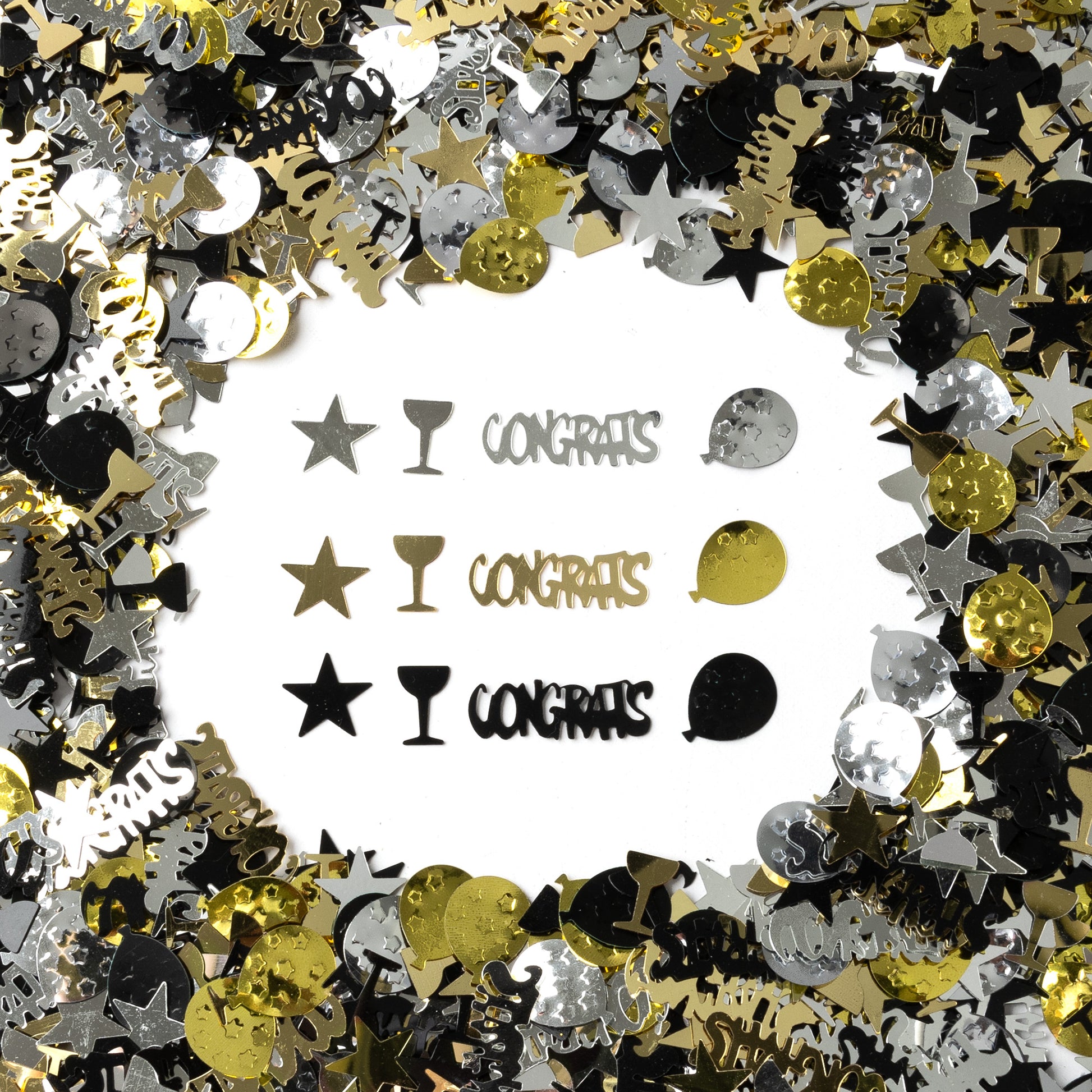 Metallic Congrats confetti with stars, champagne glasses, and assorted celebratory shapes in gold, silver, and black on a white background.