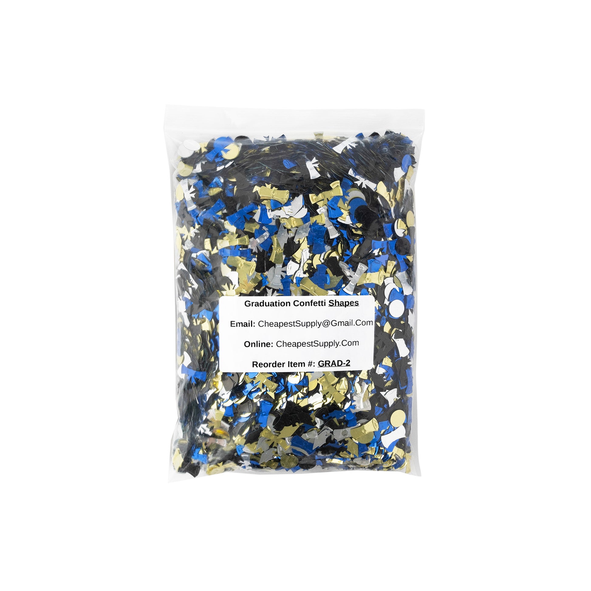 One-pound bulk bag of graduation-themed confetti in blue, gold, black, and silver shapes, packaged with a labeled sticker on a white background.