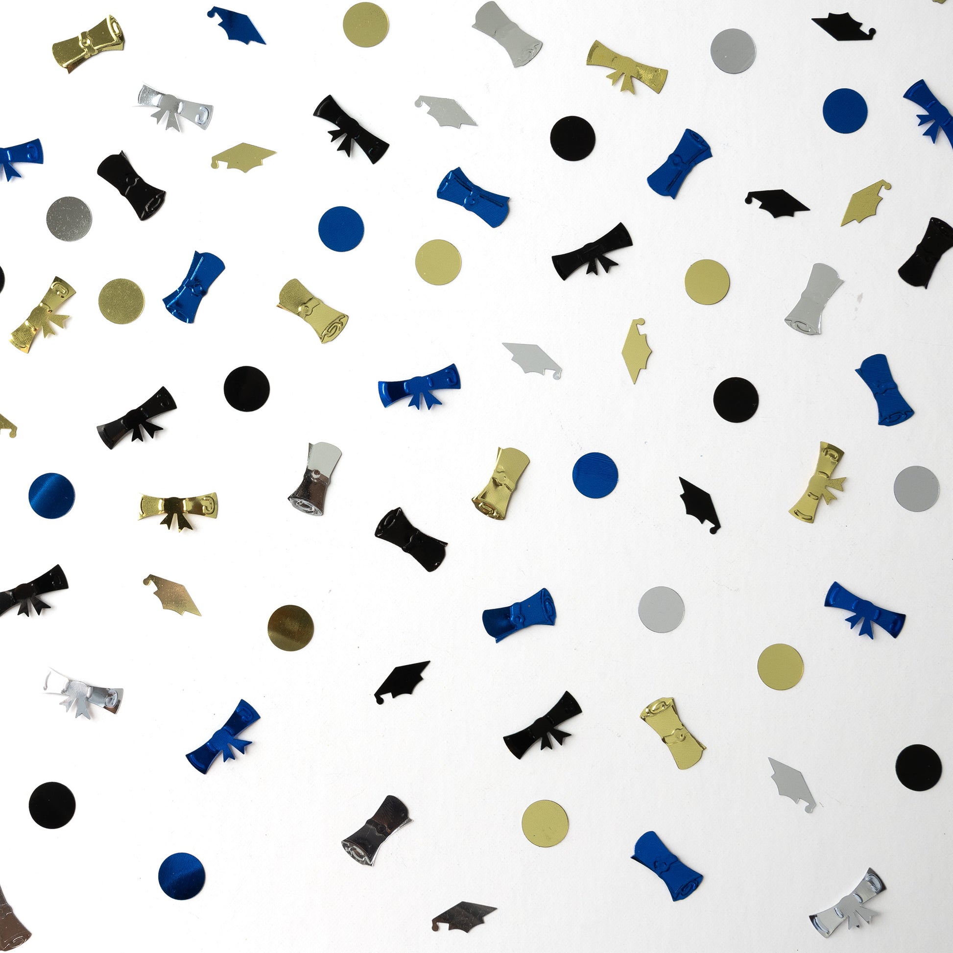 Graduation-themed confetti in blue, gold, black, and silver scattered evenly across a white background.