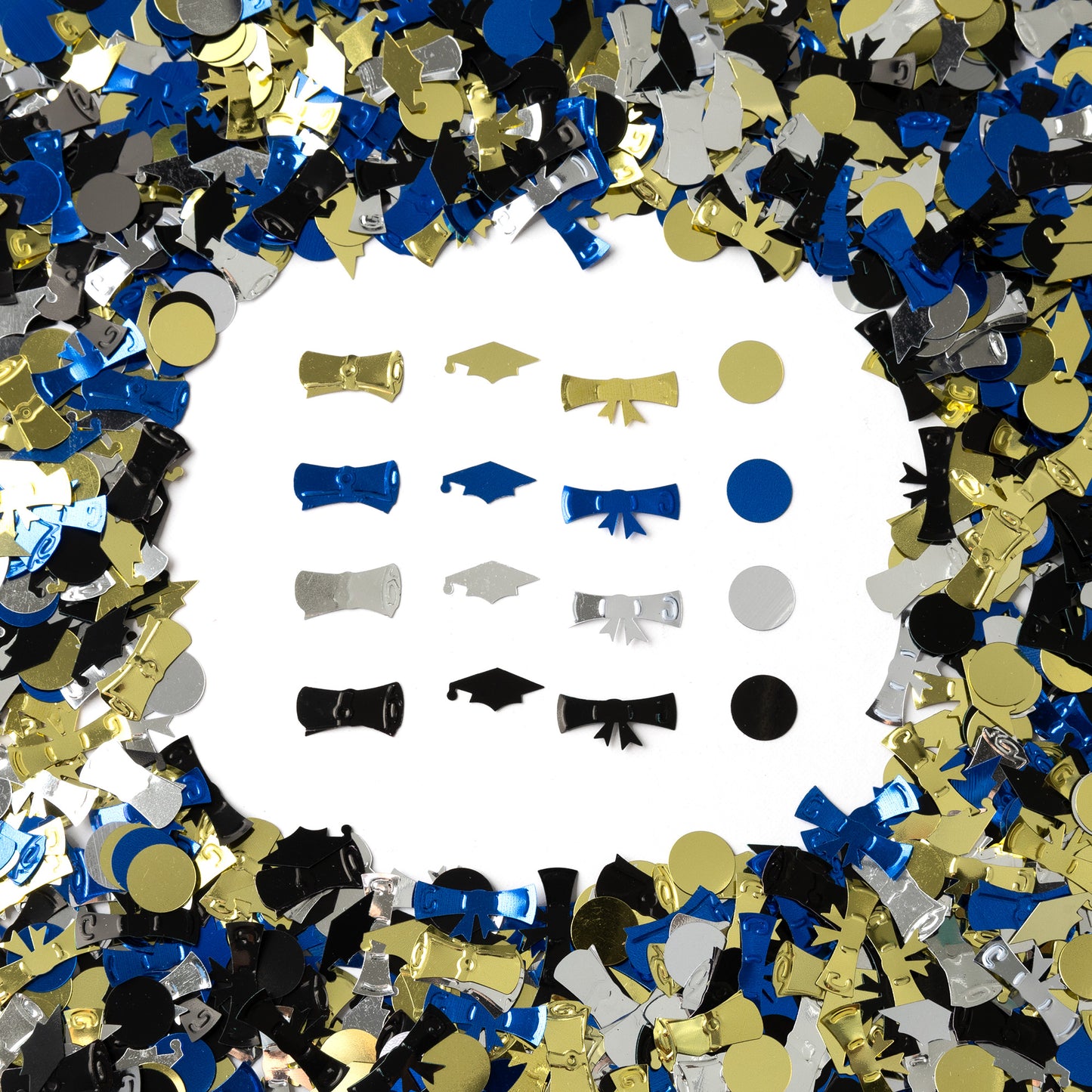 Assorted graduation-themed confetti in blue, gold, black, and silver, including bow ties, mortarboards, and circles on a white background.