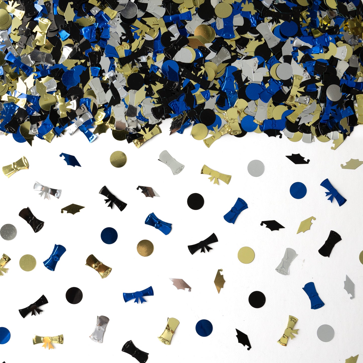 Graduation-themed confetti in blue, gold, black, and silver scattered across a white background, with a dense cluster along the top edge.