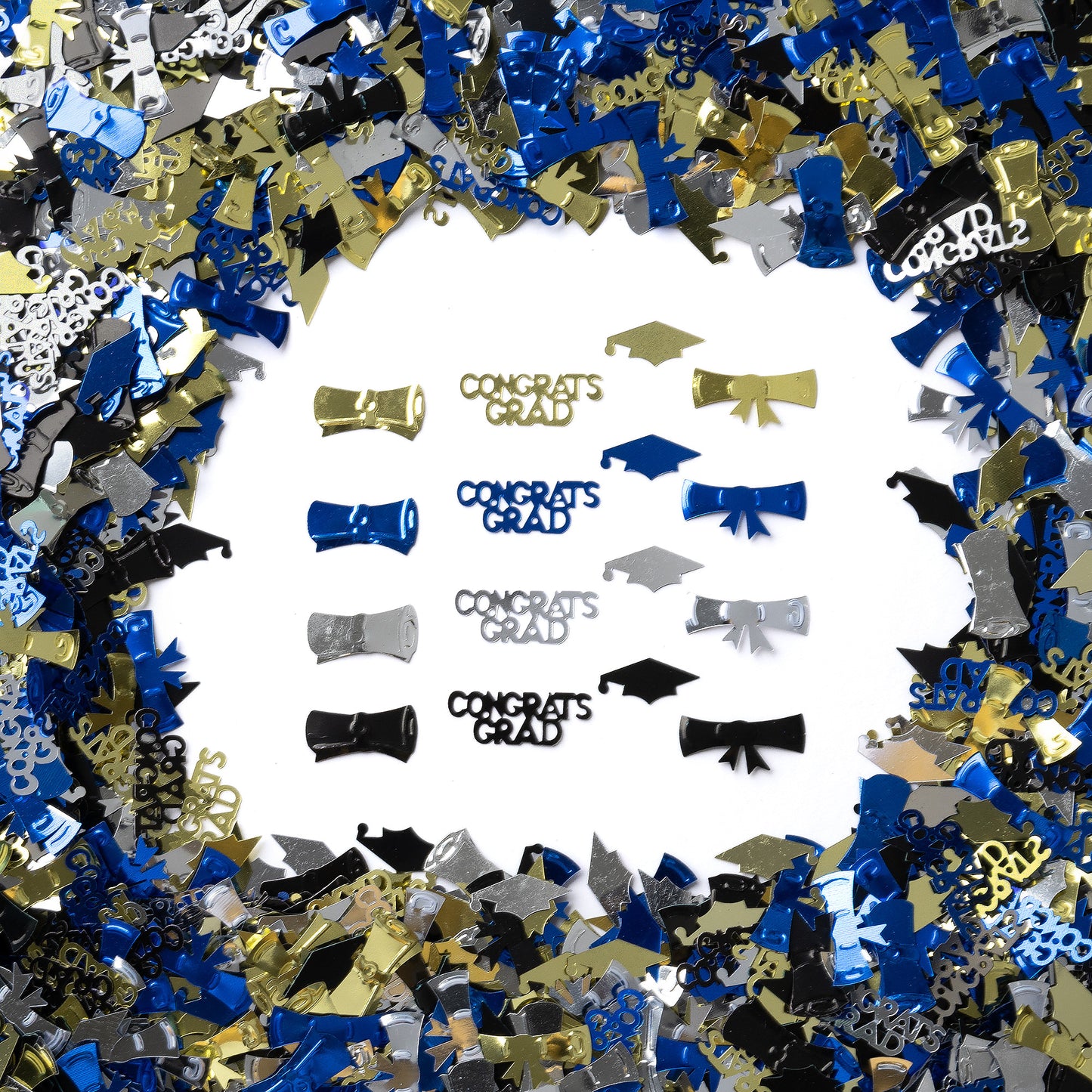 Graduation-themed confetti featuring Congrats Grad words, caps, and shapes in blue, gold, black, and silver arranged with a dense border along the top edge on a white background.