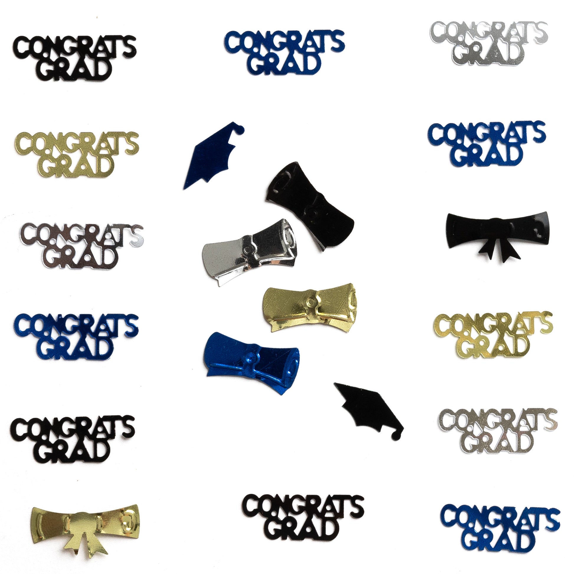 Assorted Congrats Grad confetti pieces with caps, bows, and mixed shapes in blue, gold, black, and silver arranged neatly on a white background.