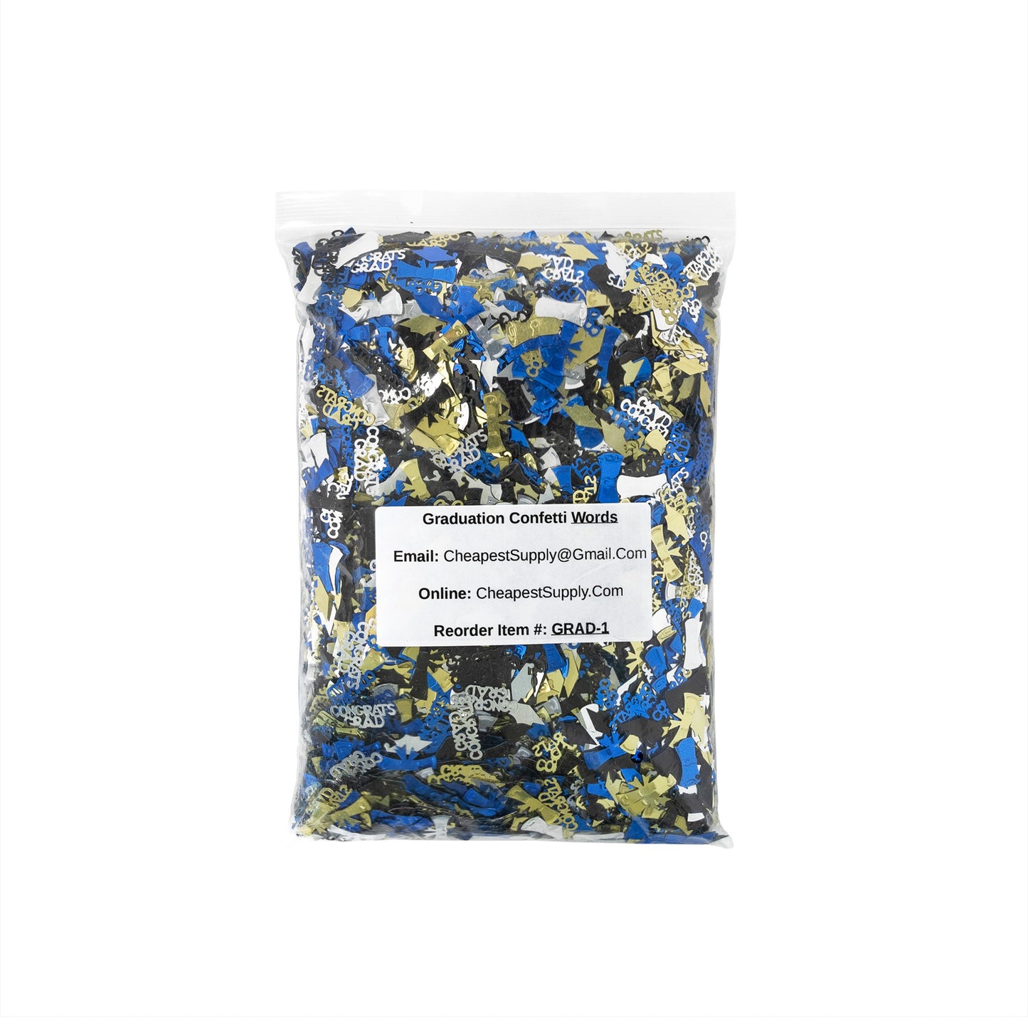 Bulk bag of assorted Congrats Grad confetti words and shapes in blue, gold, black, and silver.