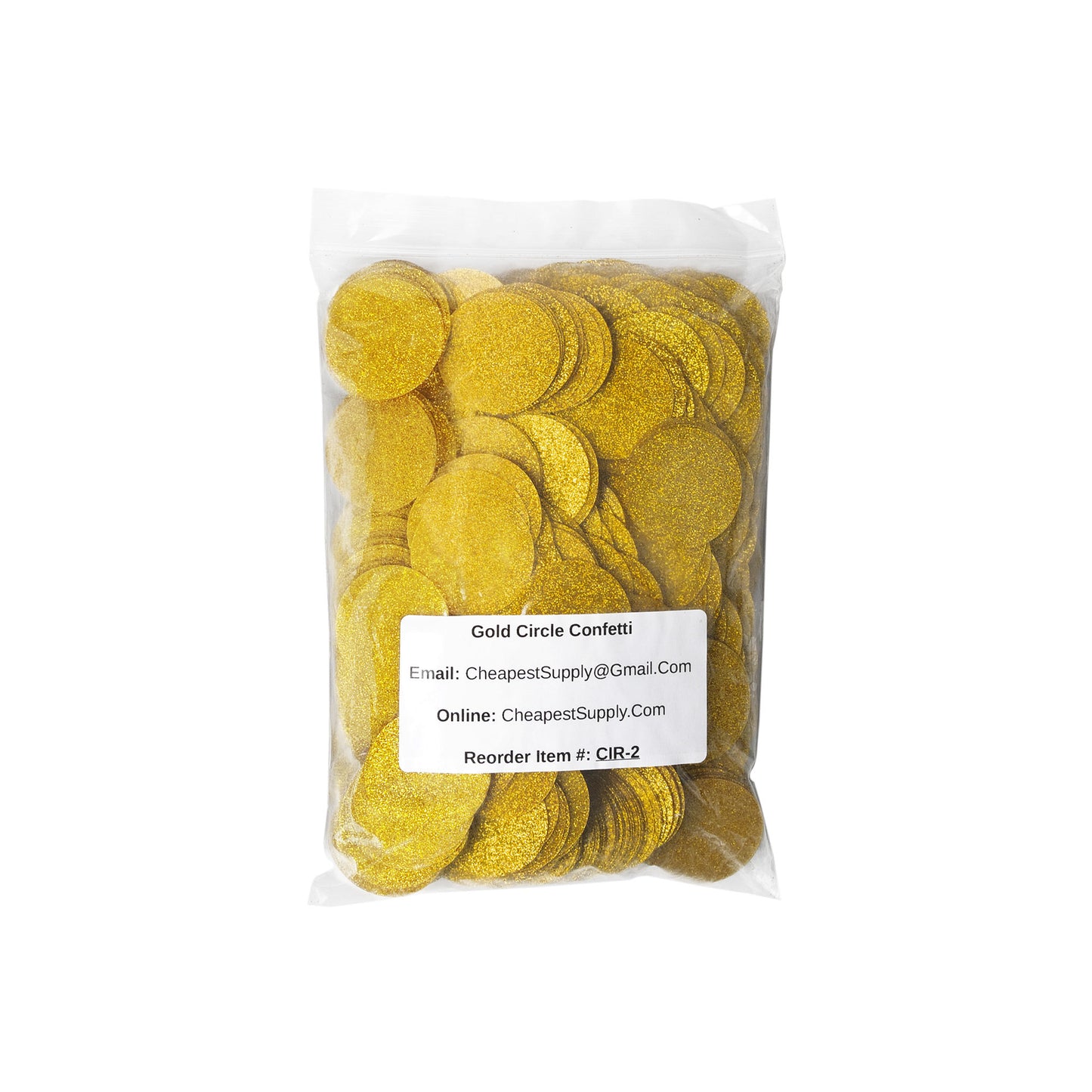 Luxe gold circle confetti packaged in a clear bag with product label