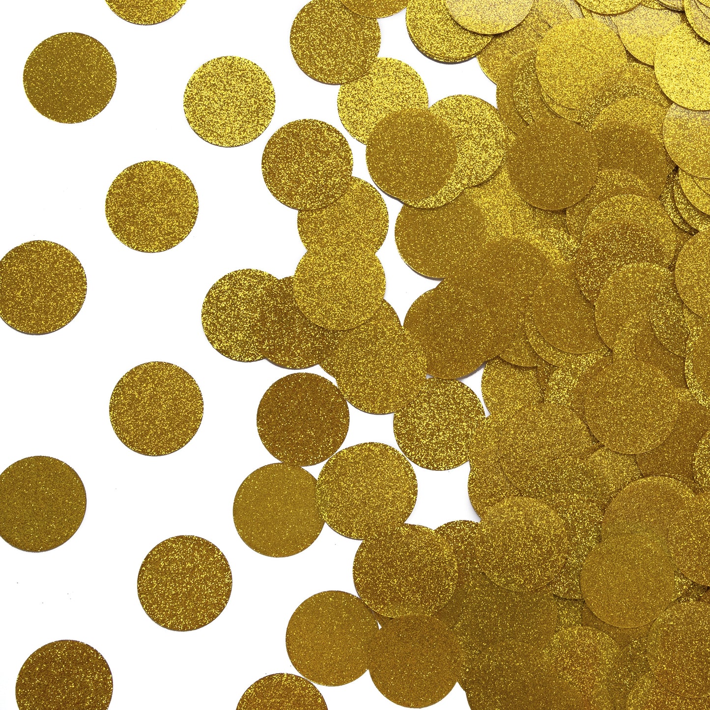 Luxe gold circle confetti with a glitter finish scattered on a white background