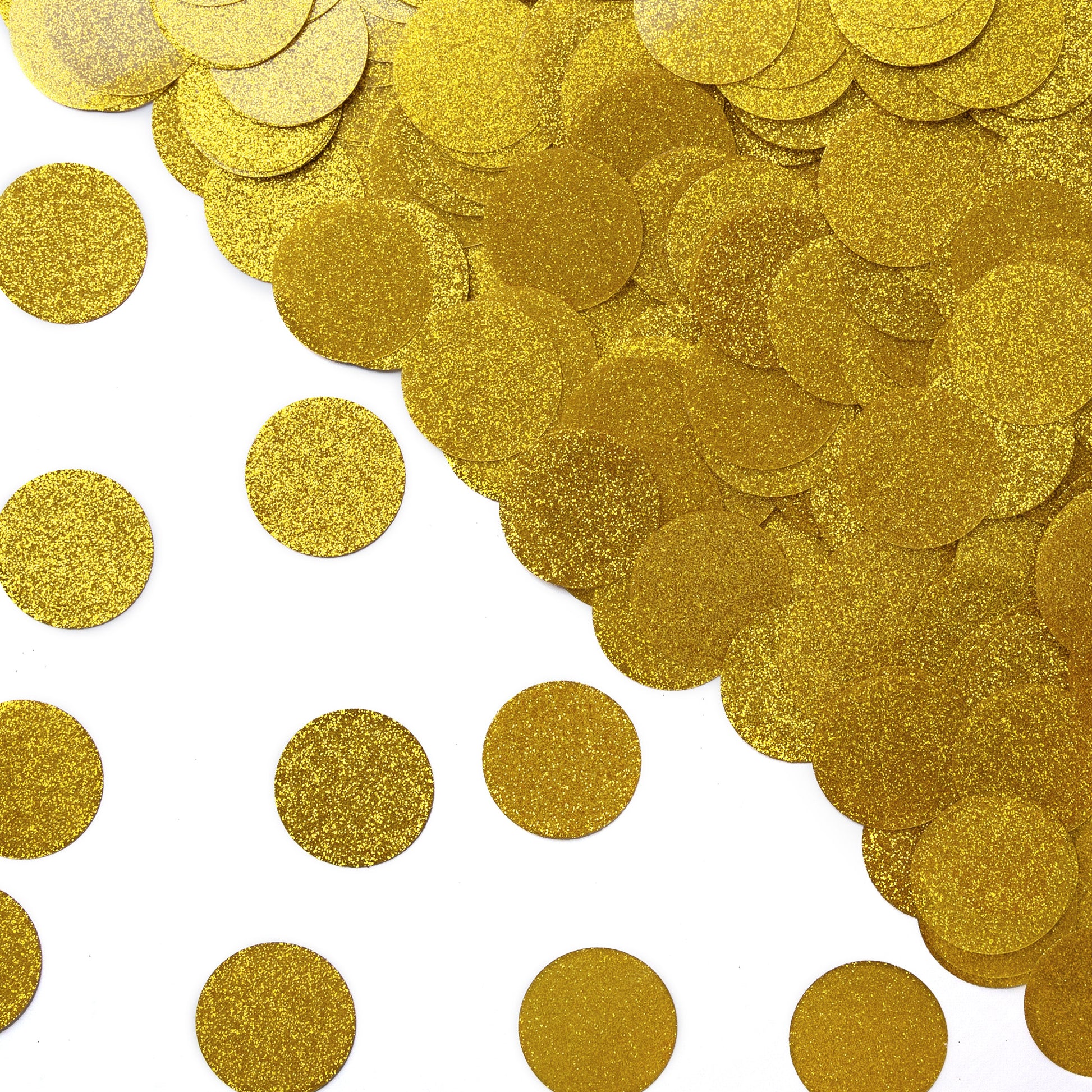 Luxe gold circle confetti with a shimmering glitter finish scattered on a white background