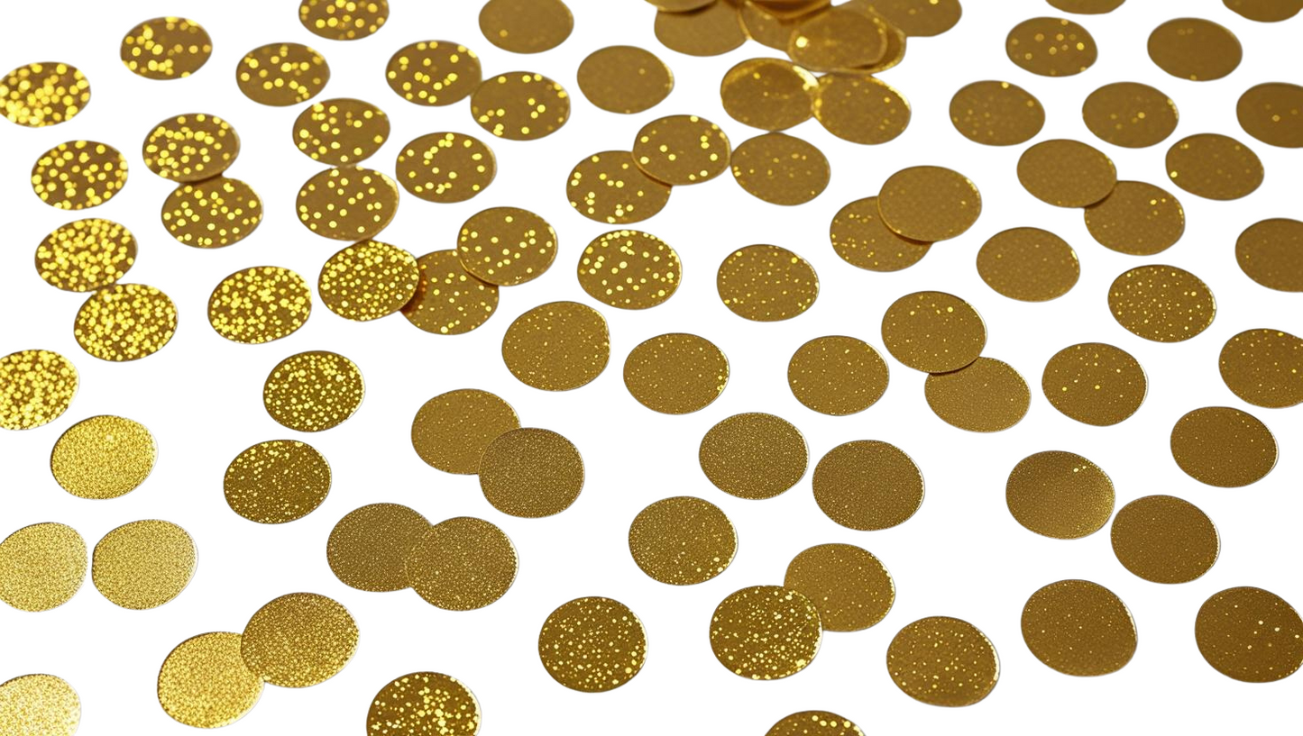 Luxe gold circle confetti in mixed finishes including glitter and metallic pieces on a white background