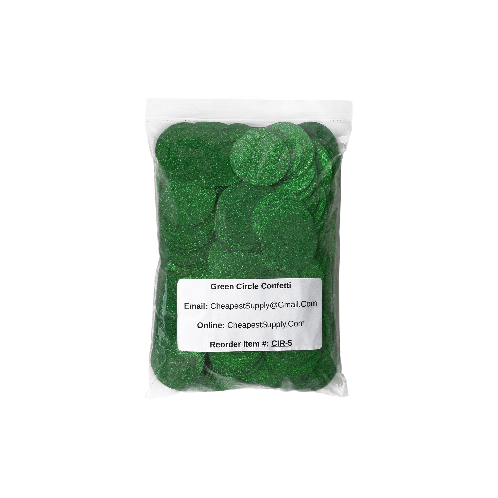 Luxe green circle confetti packaged in a clear bag with a product label