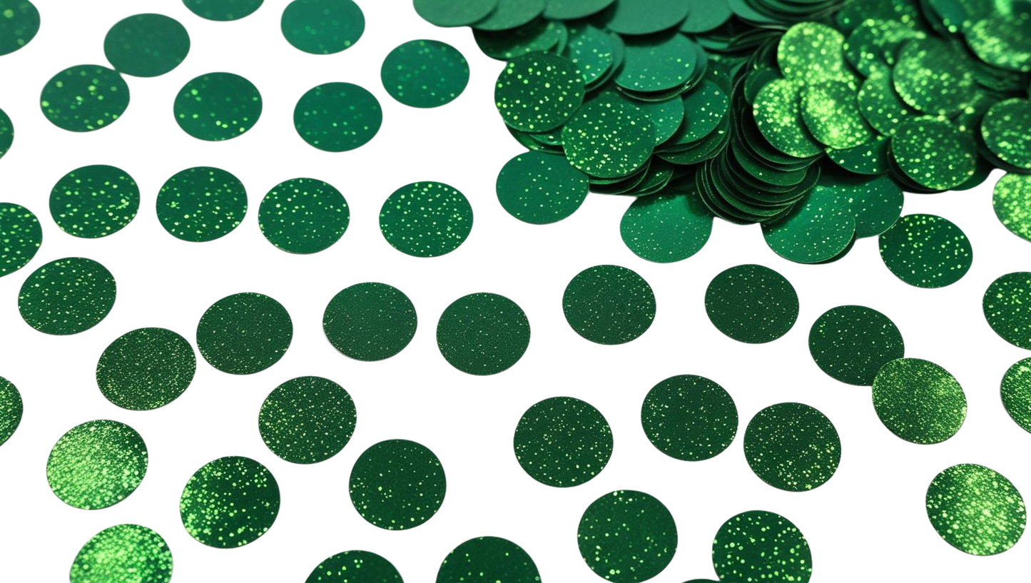 Luxe green circle confetti scattered on a white background with additional stacked pieces in the corner