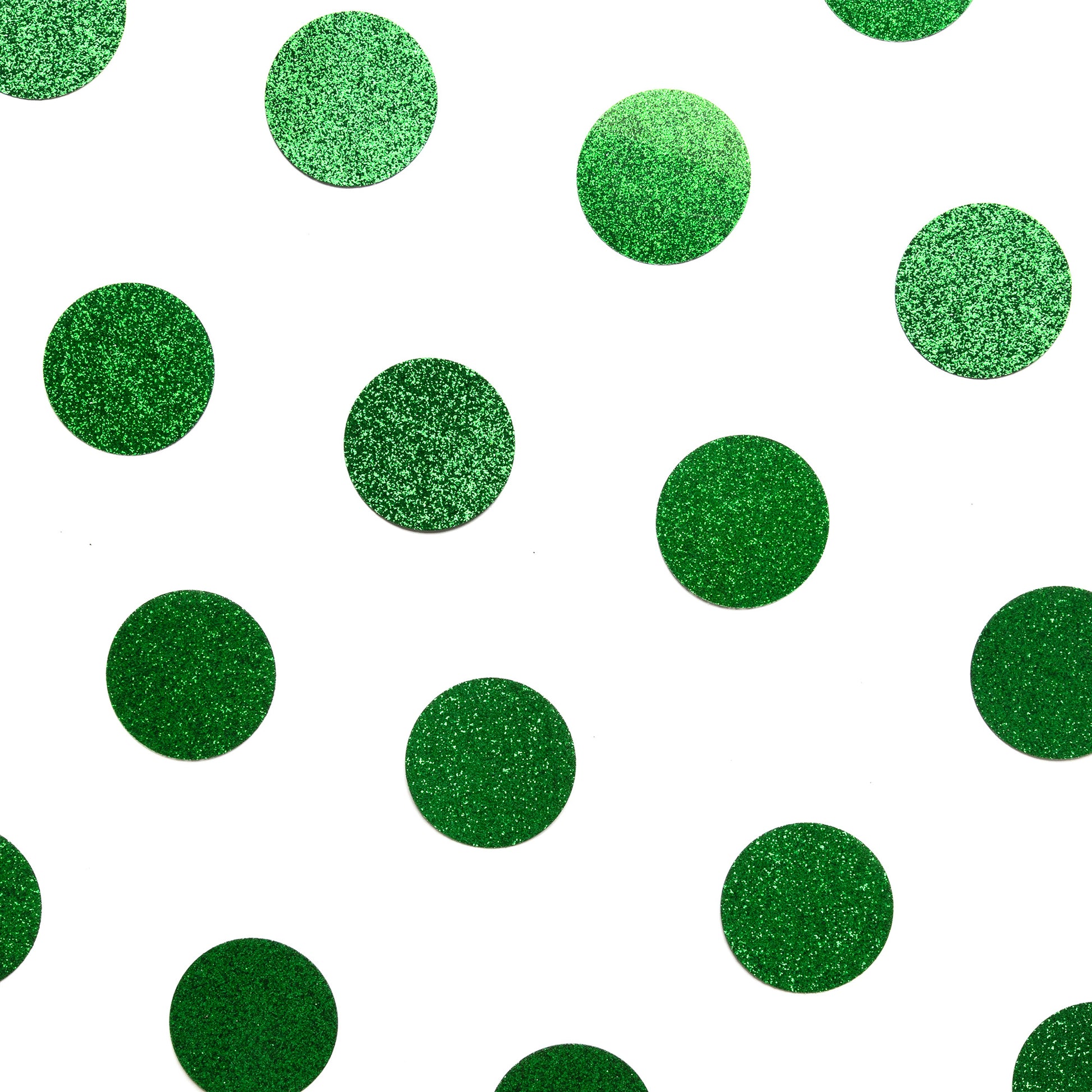 Luxe green circle confetti scattered evenly across a white background