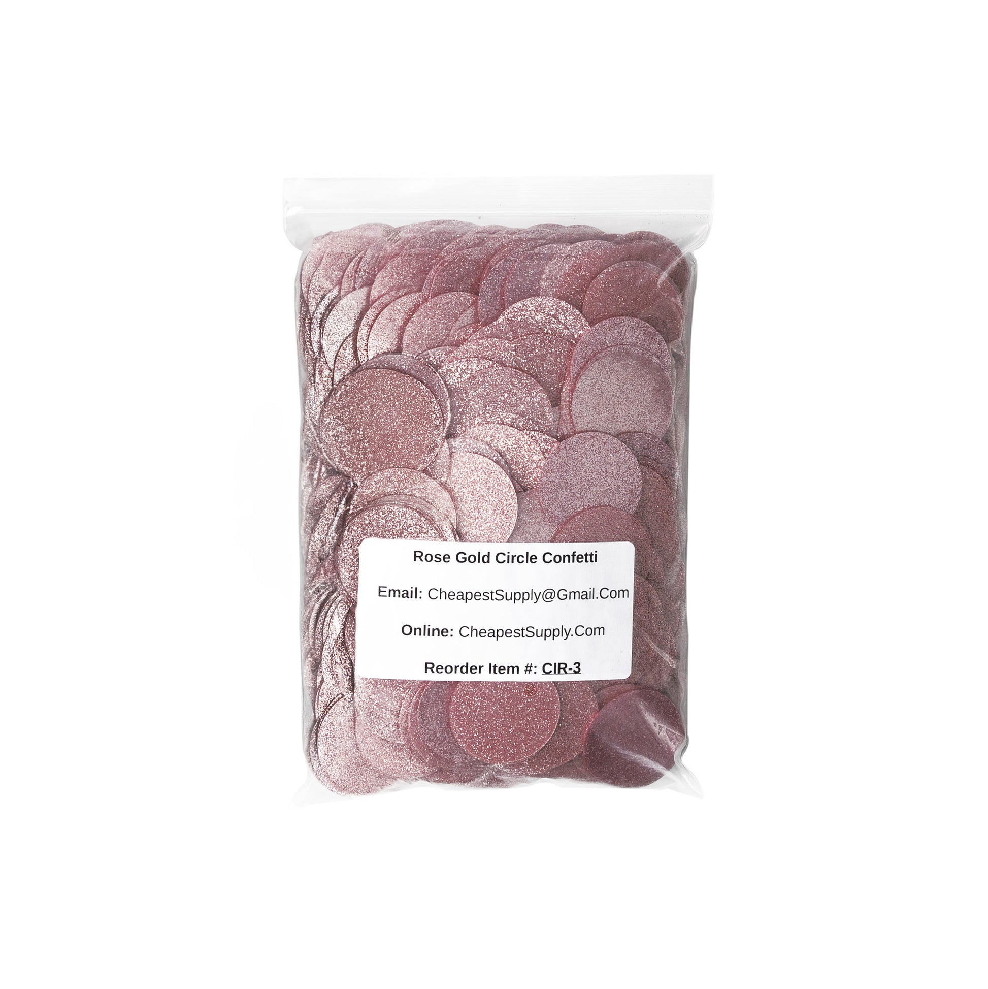 Bag of luxe rose gold glitter circle confetti with product label