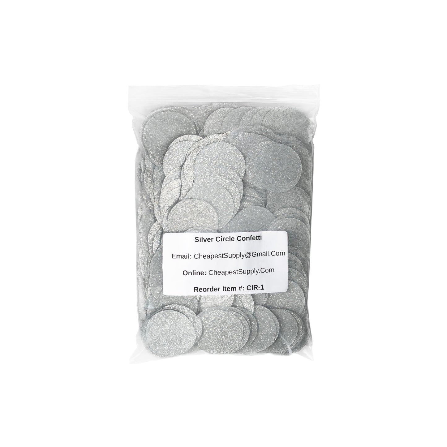 Luxe silver circle confetti packaged in a clear bag on a white background