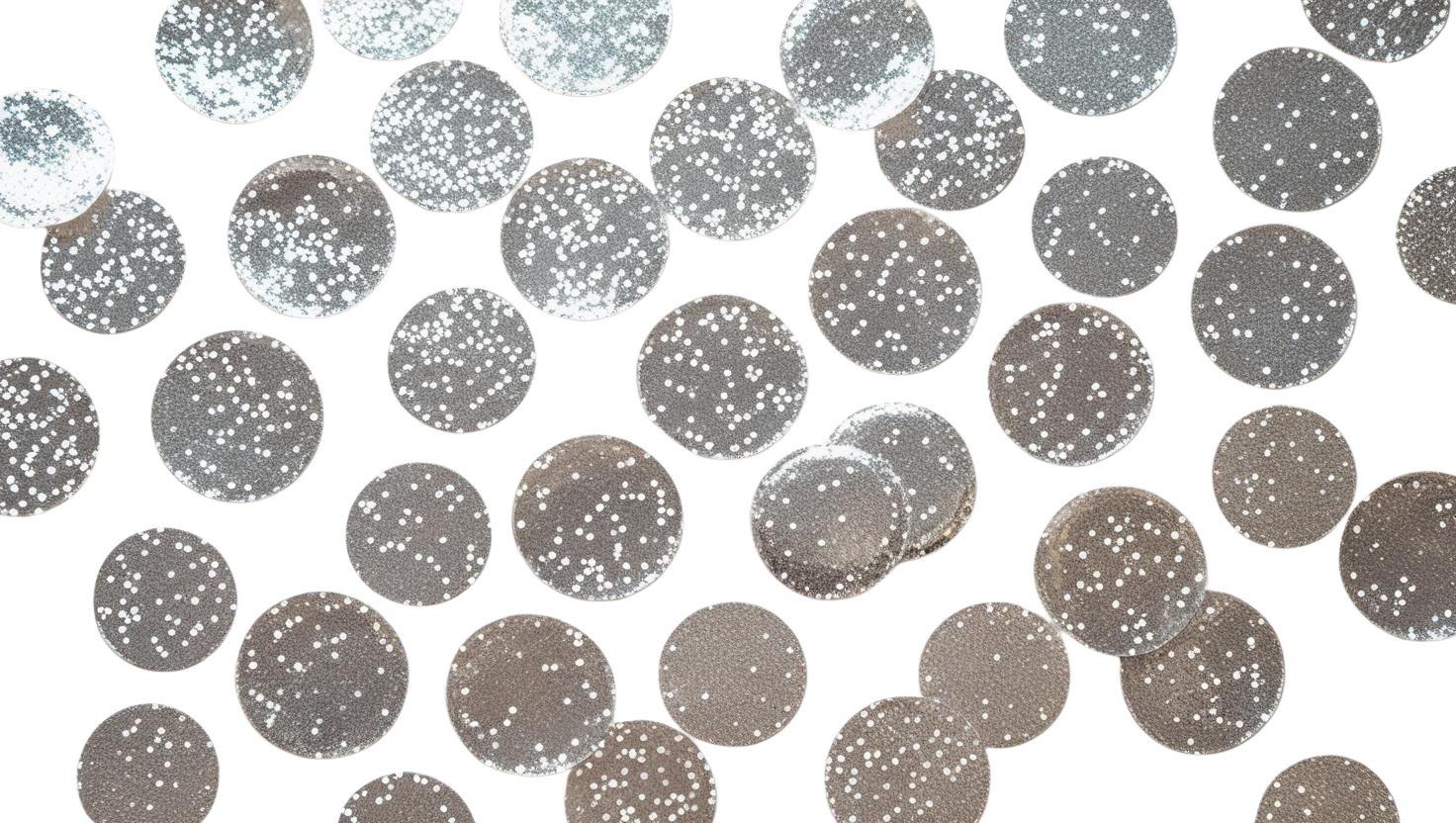 Luxe silver sparkle confetti dots scattered across a white background