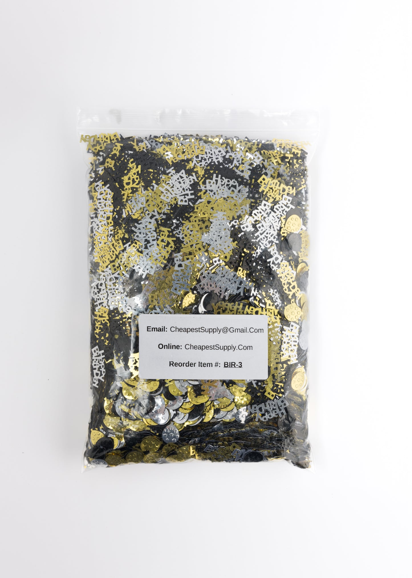 Packaged bag of metallic black, gold, and silver confetti with a product label on a white background