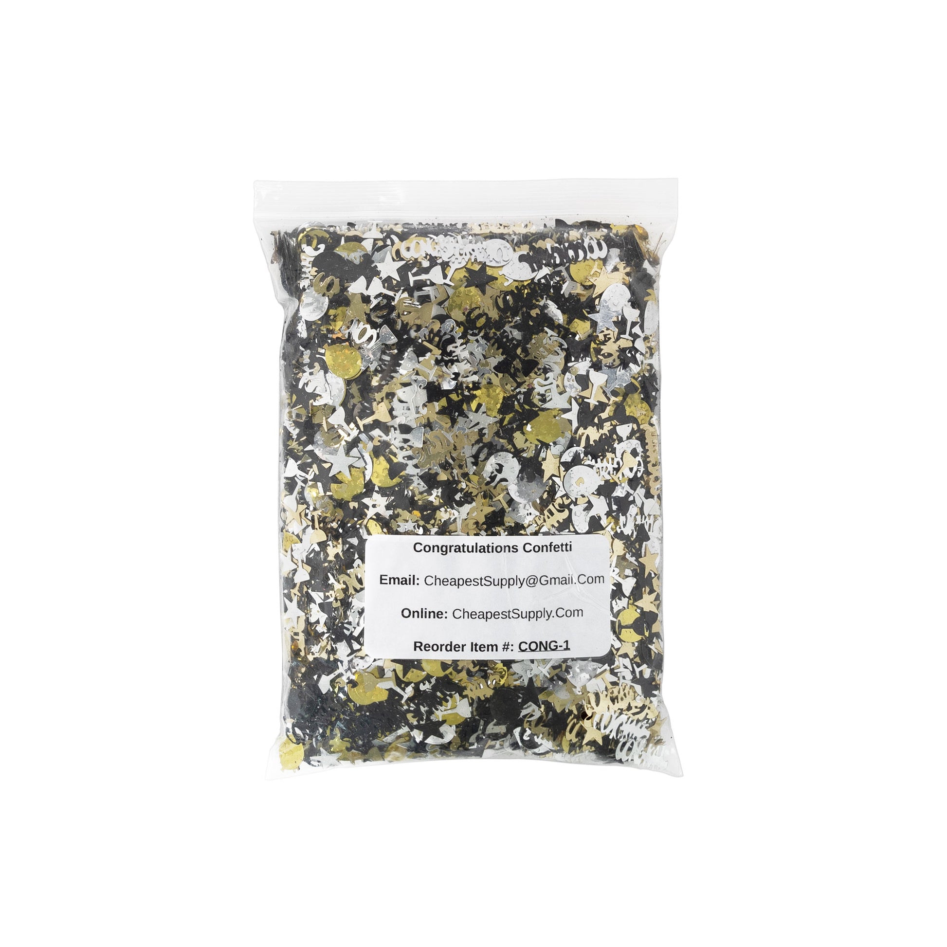 bag of metallic congrats confetti mix in gold silver and black on white background
