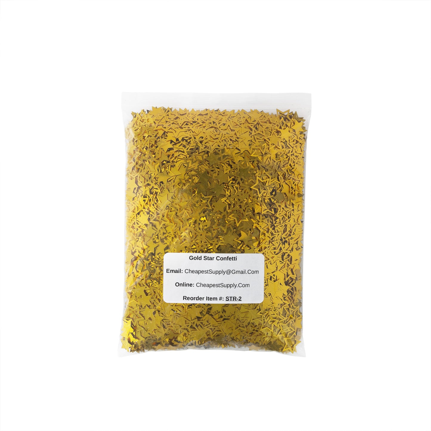 Clear plastic bag filled with metallic gold star-shaped confetti on a white background