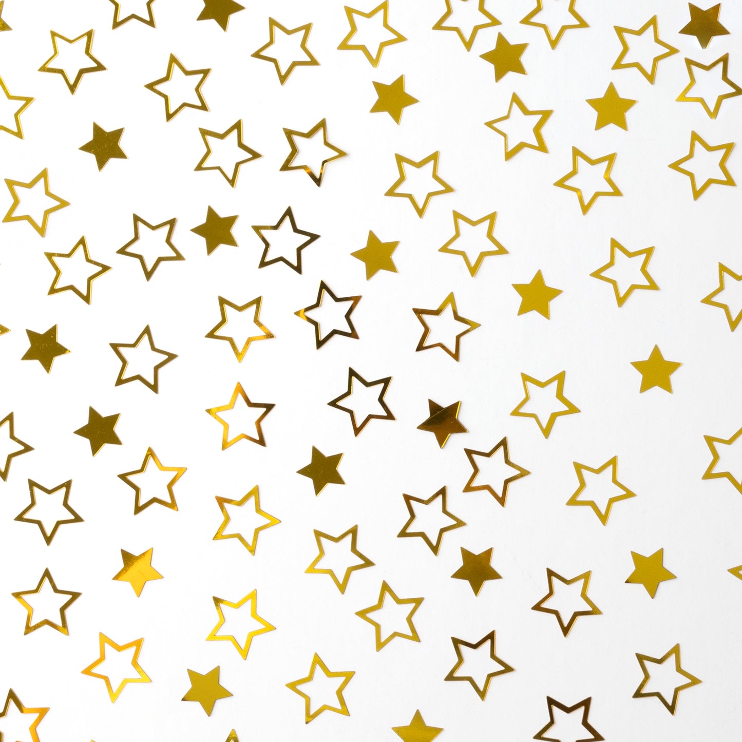 Metallic gold star confetti in mixed outline and solid shapes arranged in a scattered pattern on a white background