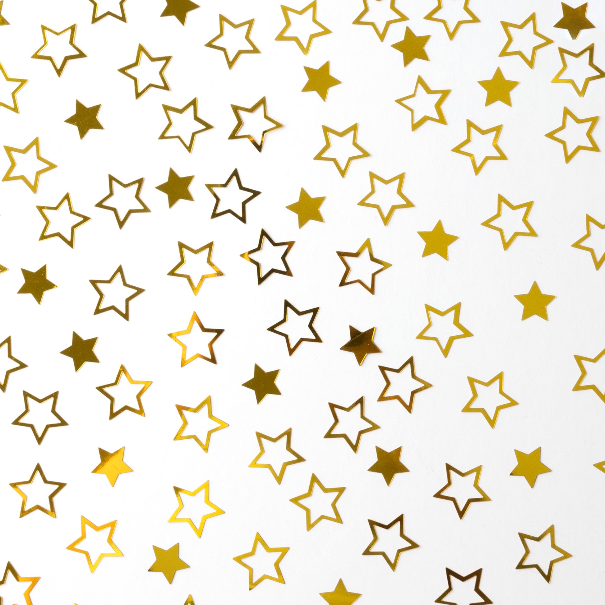 Metallic gold star confetti in mixed outline and solid shapes arranged in a scattered pattern on a white background