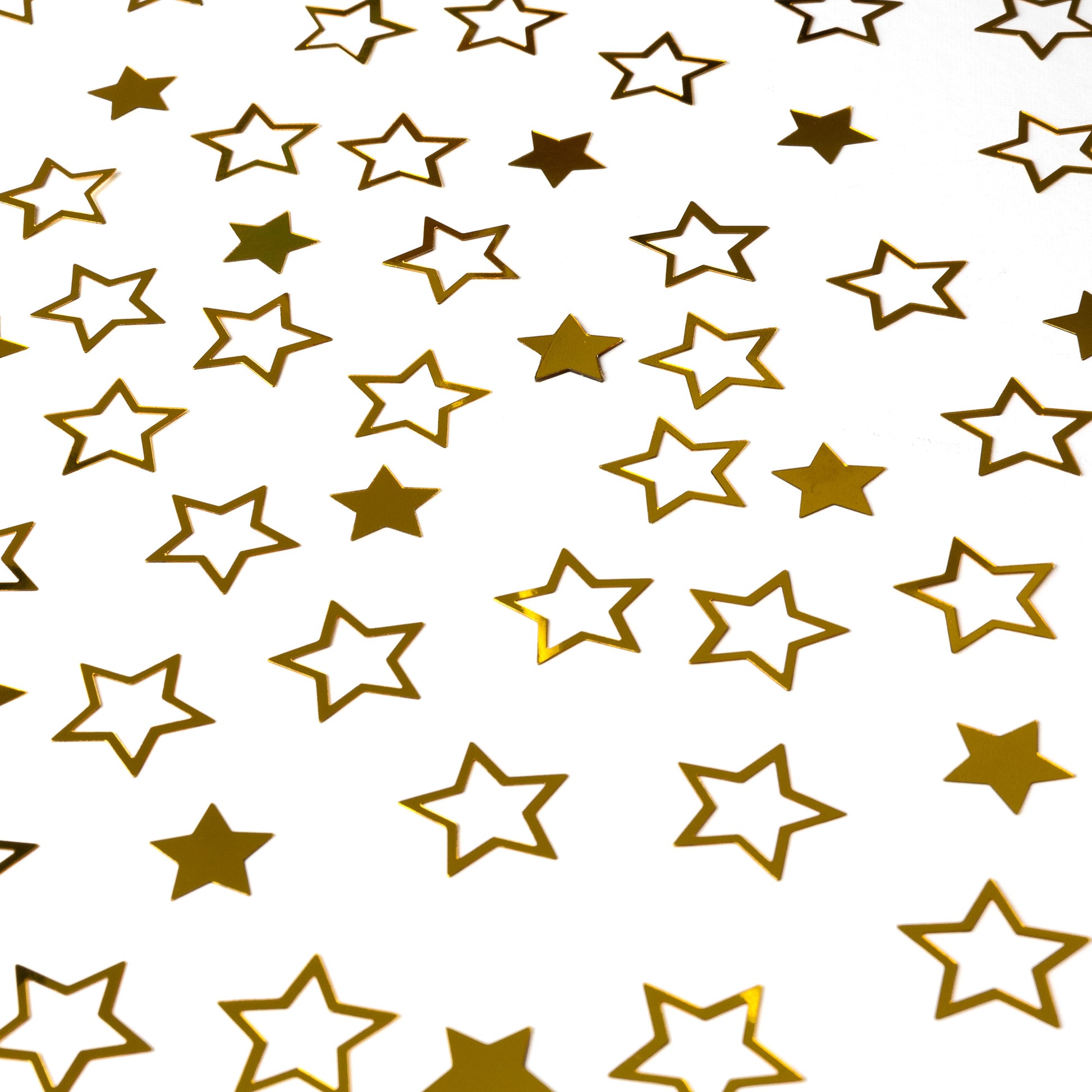 Metallic gold star-shaped confetti arranged in a repeating pattern on a white background