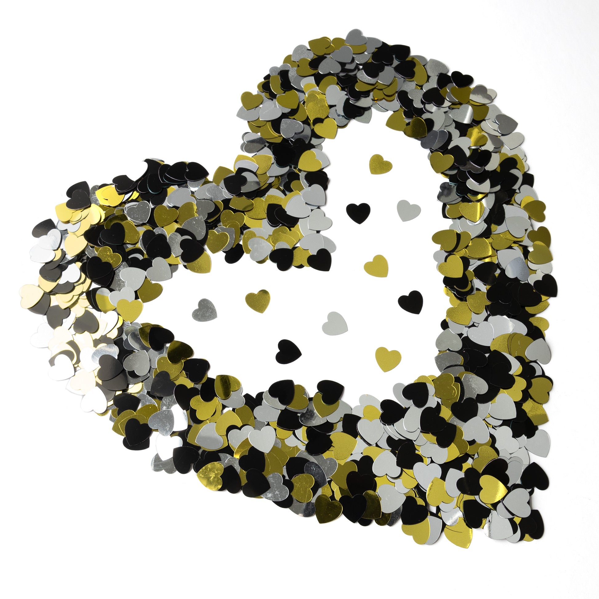 Metallic black, gold, and silver heart confetti arranged in a large heart shape on a white background