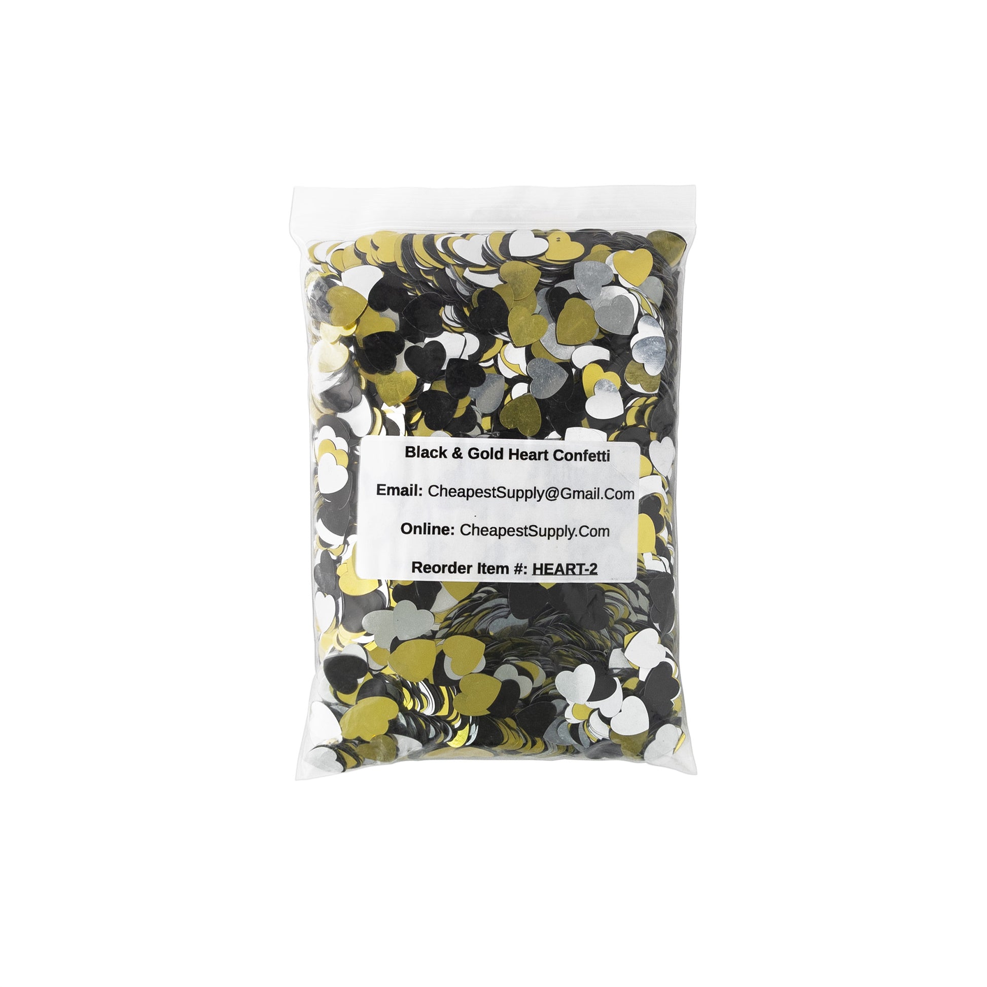 Bag of metallic black, gold, and silver heart confetti with product label on a white background
