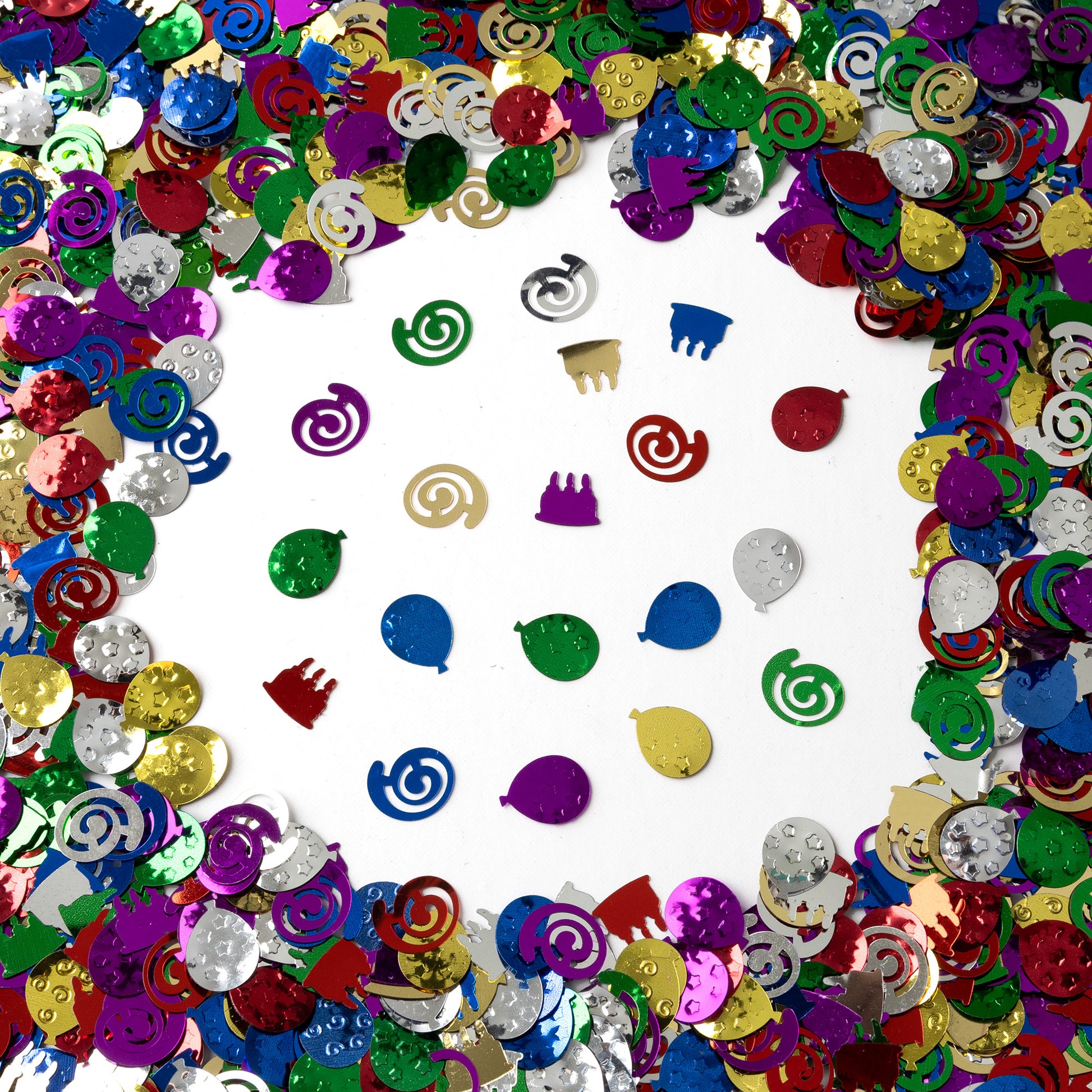 Metallic multi color swirl, circle, and mixed party-shape confetti scattered on a white background