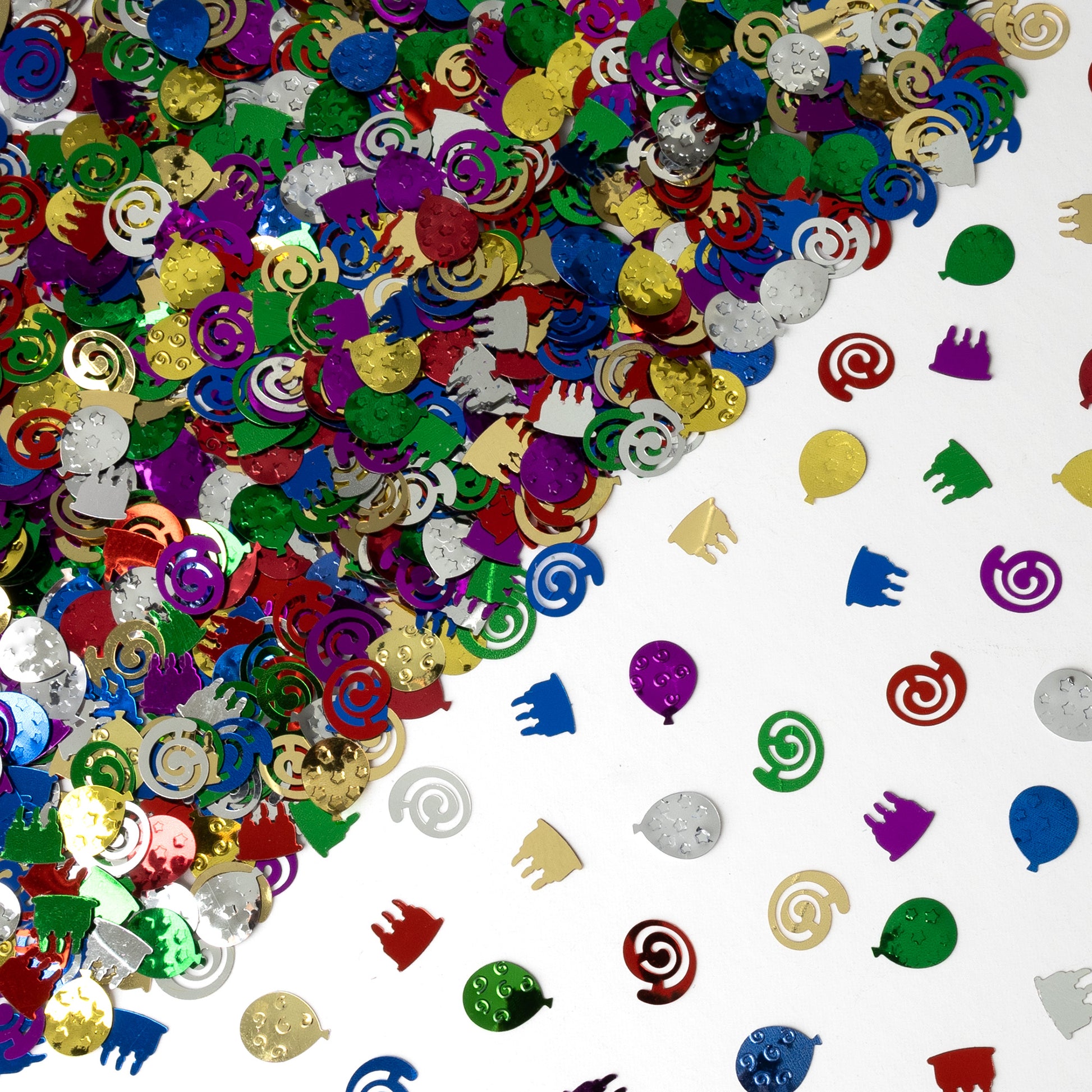 Metallic multicolor swirl, balloon, crown, and mixed party-shape confetti scattered on a white background