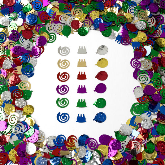 Metallic multicolor swirl and circle confetti mix with assorted party shapes on a white background